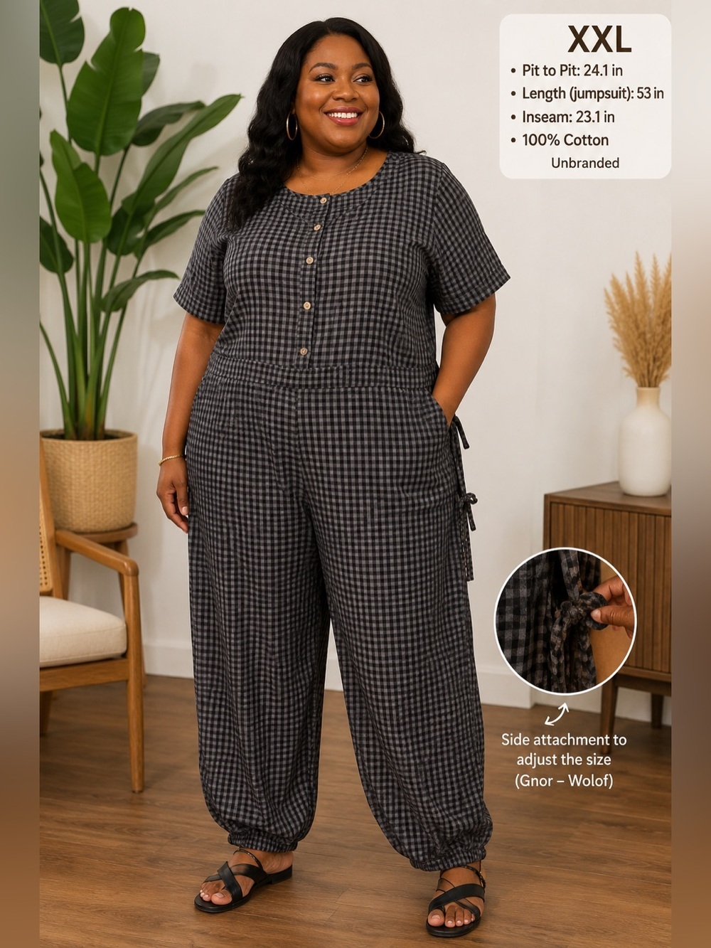 Women's Black Gingham Cotton Jumpsuit XXL BNWOT